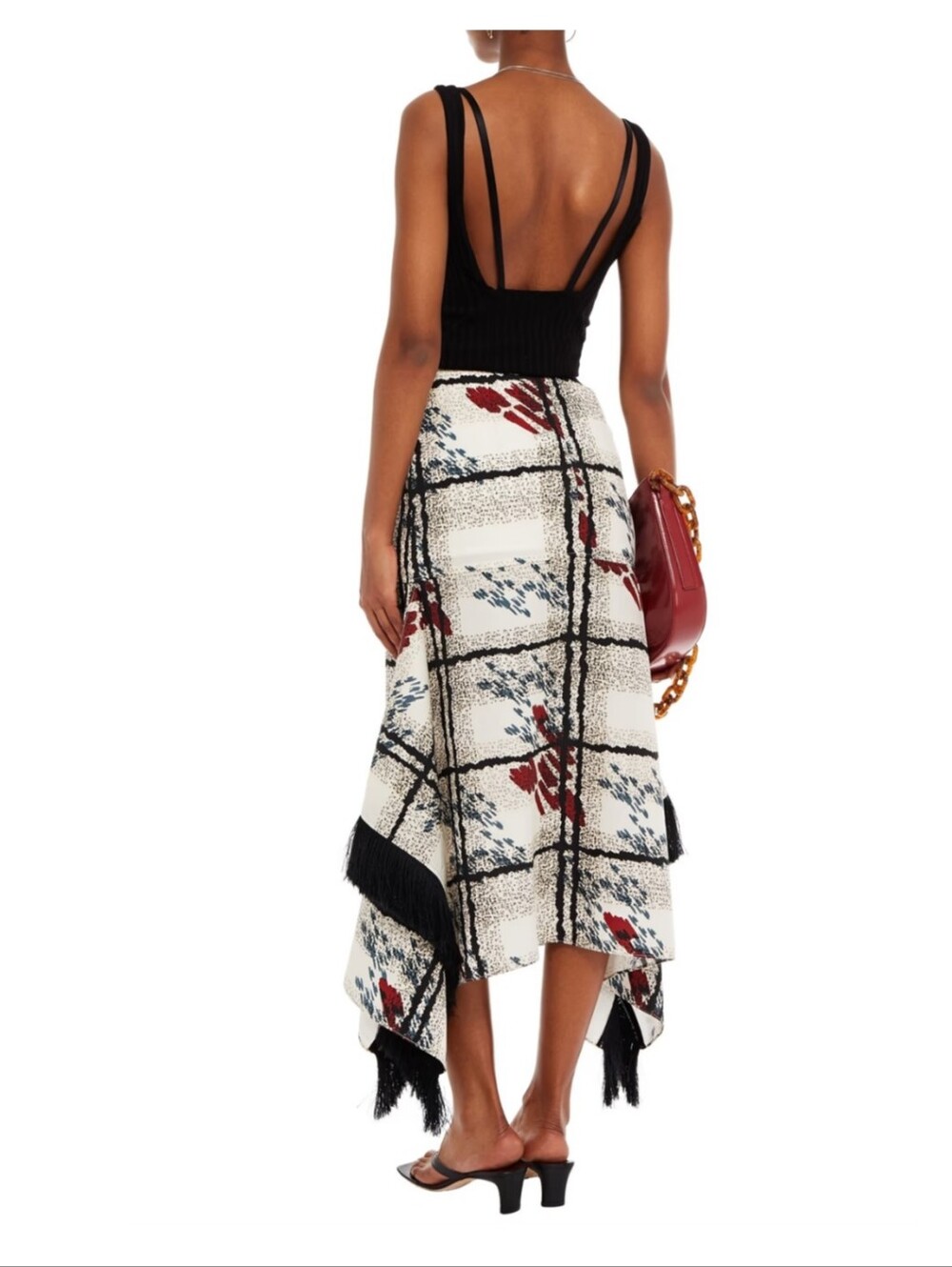 Mother Of Pearl Fringed Plaid  Skirt in Ivory & Red